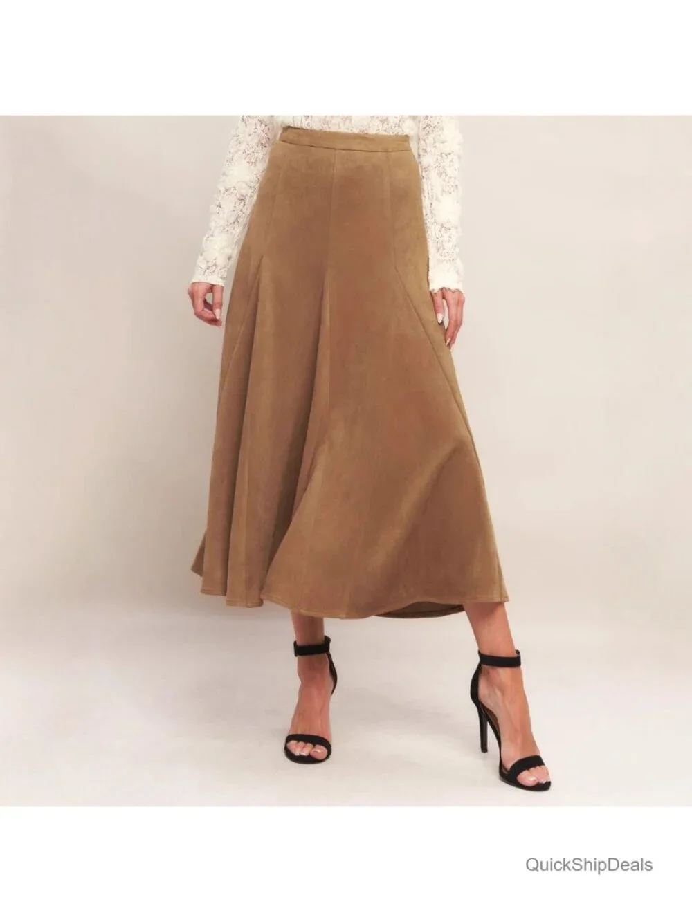 Faux Suede Midi Skirt High Waisted Ruffle A Line Flared Fall Winter Long